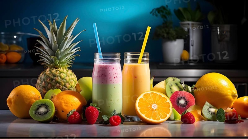 Smoothie surrounded by an assortment of fruits and vegetables, AI generated