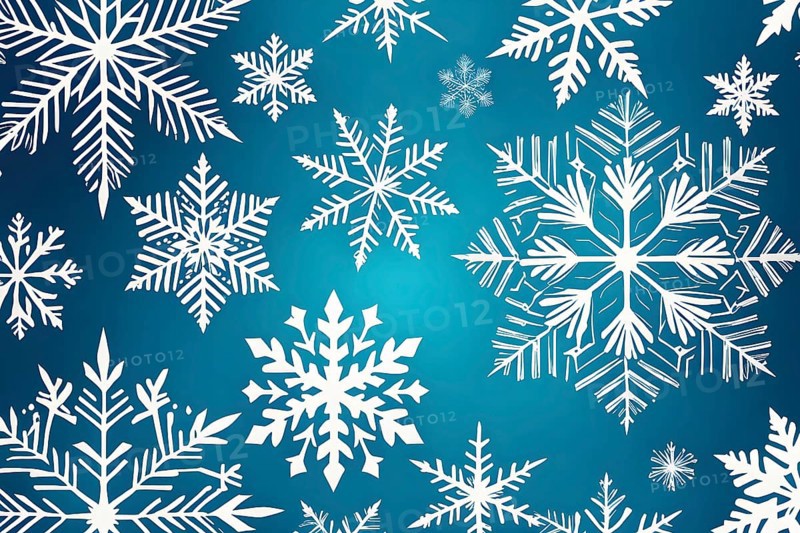 Abstract pattern of snowflakes in varying sizes and shapes in soft white and blue gradients, AI generated