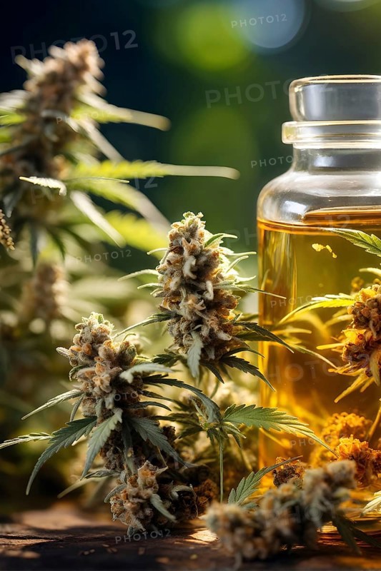 Glass jar filled with dried cannabis buds and oil on a weathered wooden counter, AI generated