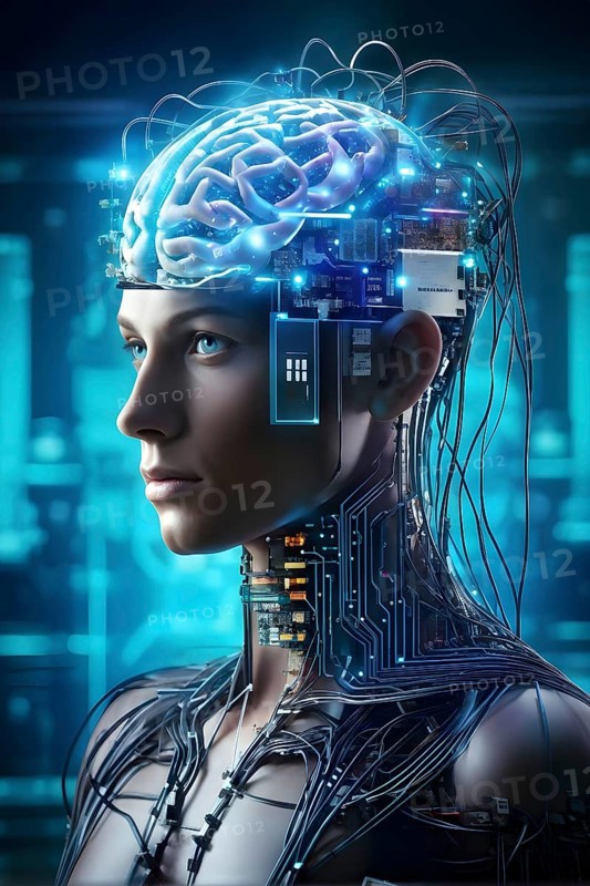 Illustration of a human brain merging with a man's head intertwined with microchips and a processor, AI generated