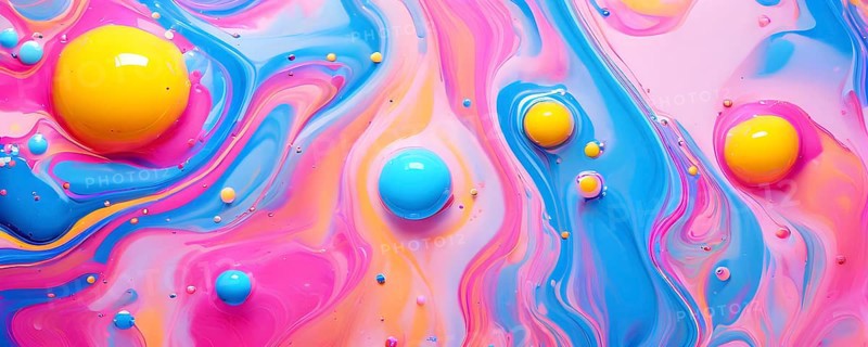 Abstract image with colorful yellow and turquoise blobs and liquid shapes on a pink background, AI generated