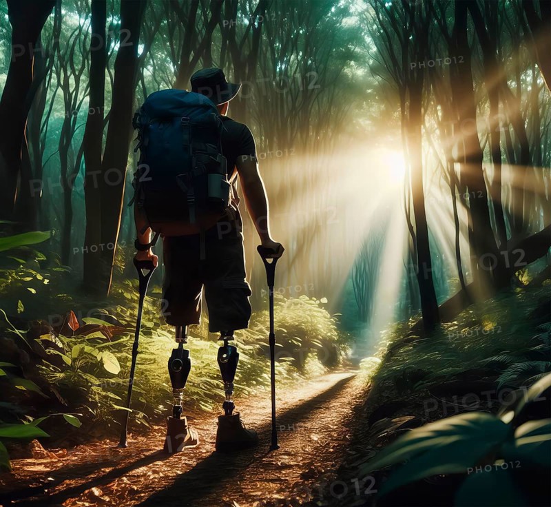 A man with an amputated leg and prosthesis walks through the forest, symbolic image people with disabilities, handicap, healthcare, disease, amputation, AI generated, AI generated