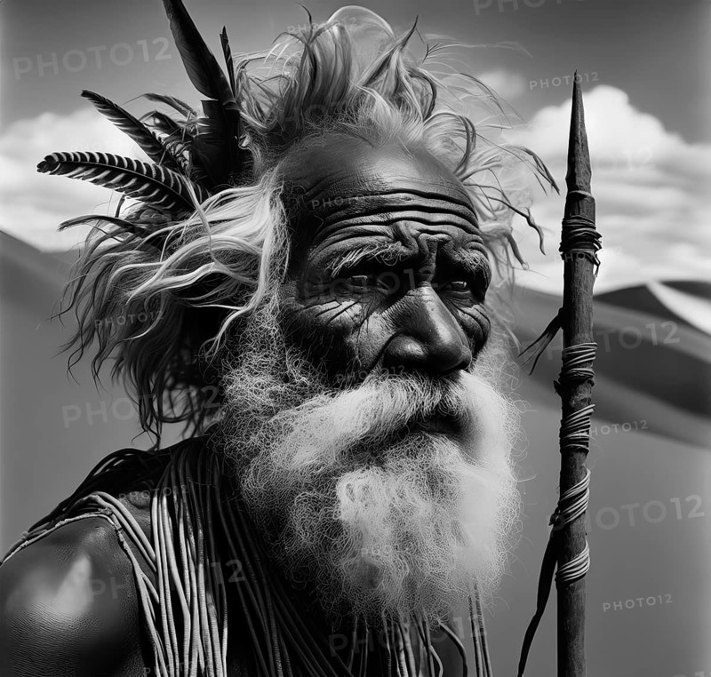 An old man of the Aborigine, the indigenous Australian aborigines, in the desert, image in black and white, portrait, AI generated, AI generated