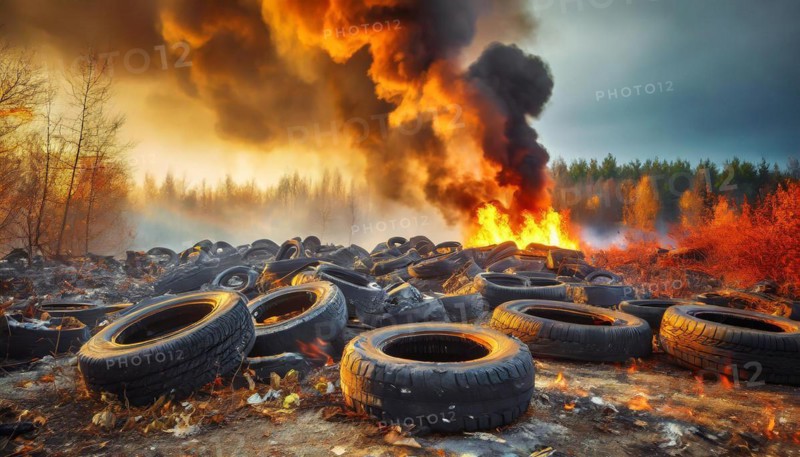 Symbolism, large junkyard with old burning car tyres, AI-generated, AI-generated, AI generated