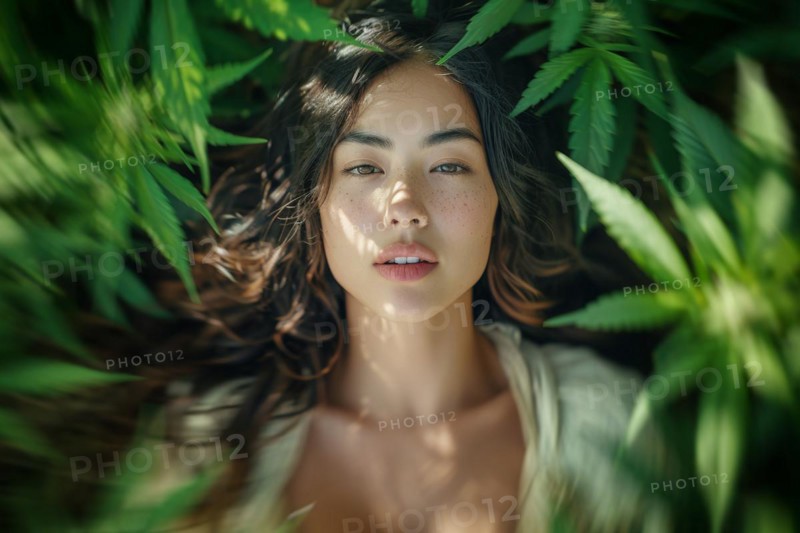 Teenager in an intoxicated state in a hemp field, surrounded by hemp leaves, cannabis, industrial hemp, symbolic image, health risk, drug use, illegal, legal, for medical, industrial purposes or food production, AI generated, AI generated, AI generated