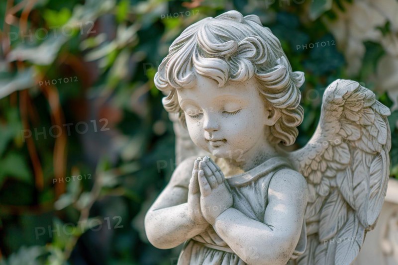 Close up of praying angel child statue at cemetery, KI generiert, generiert AI generated