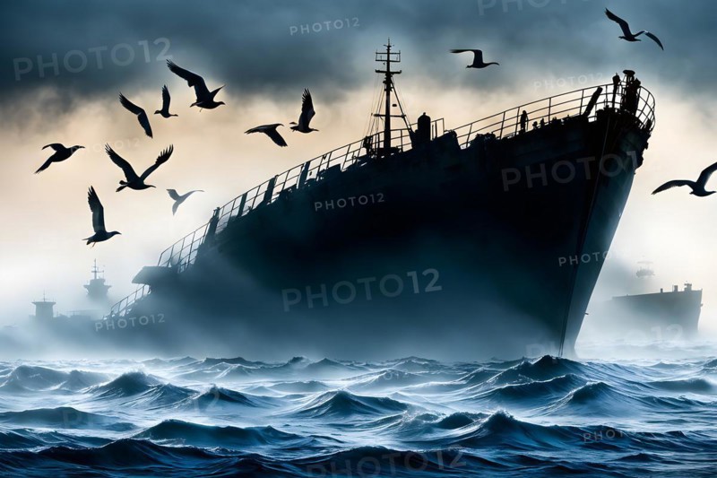 Silhouette of a sunken ship off a foggy coast seagulls circling above, AI generated