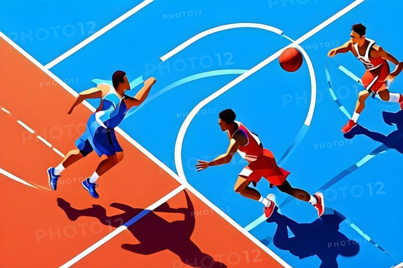 Abstract digital render of olympic basketball players morphing into fluid shapes of french tricolor blue red and white, AI generated, Paris, Paris, Olympic Games