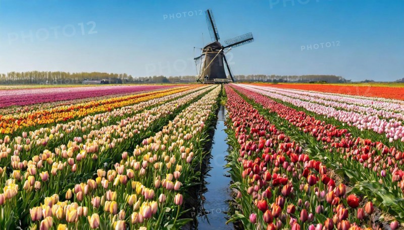 Agriculture, dense, intensely colourful blooming tulip field with a windmill, in Holland, AI generated, AI generated