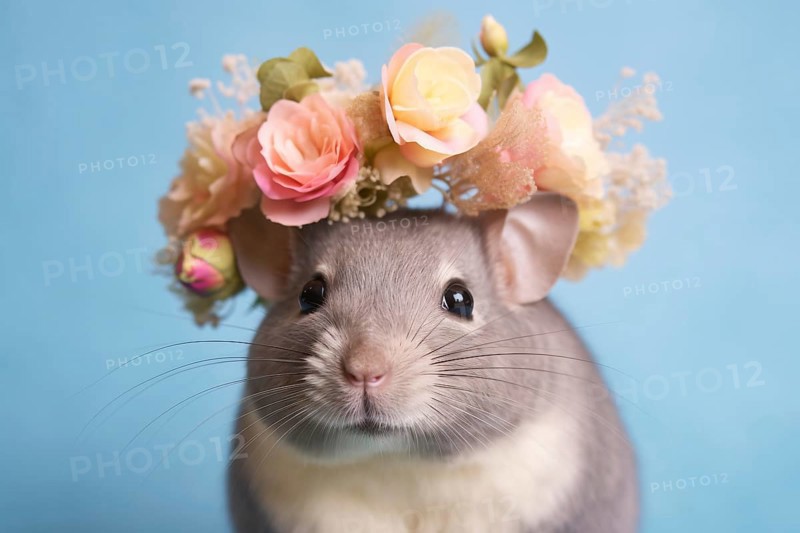 Small Chincilla with flower headband. KI generiert, generiert AI generated