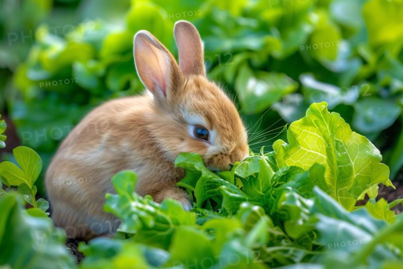 Cute bunny eating salad in garden. KI generiert, generiert, AI generated