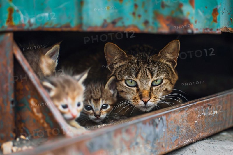 Stray cat with kittens hiding under object. KI generiert, generiert, AI generated
