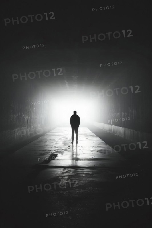 Silhouette of a man standing in a tunnel, light at the end of the tunnel, symbolic image for near-death experience, death, psychology, threat, danger, fear, parapsychology, trauma, AI generated, AI generated, AI generated