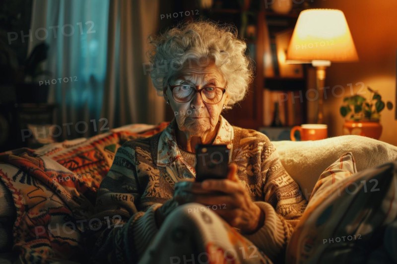 An elderly woman sits on her couch in her living room and looks worried, scared, unsettled at her smartphone, symbolic image for fraud against senior citizens, grandchild trick, shock calls, disclosure of personal data such as password, bank details, home address, media literacy, AI generated, AI generated, AI generated