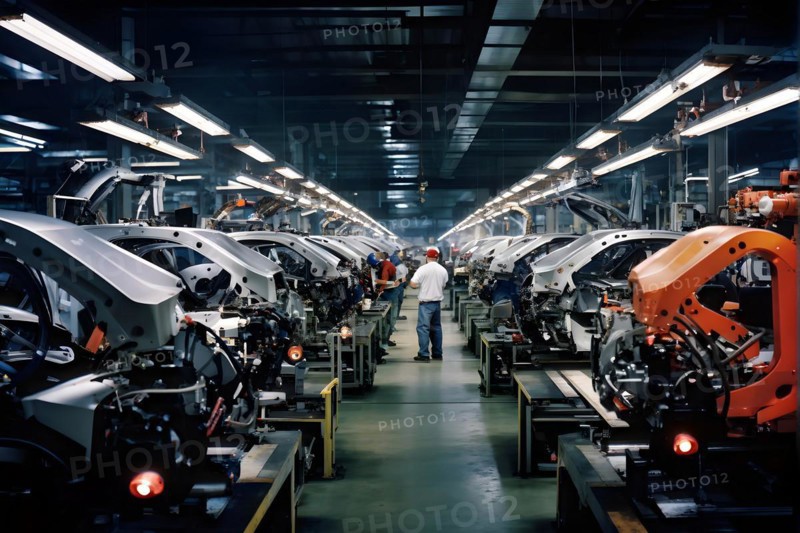 AI generated automotive assembly line in car manufacturing progression with automated machines