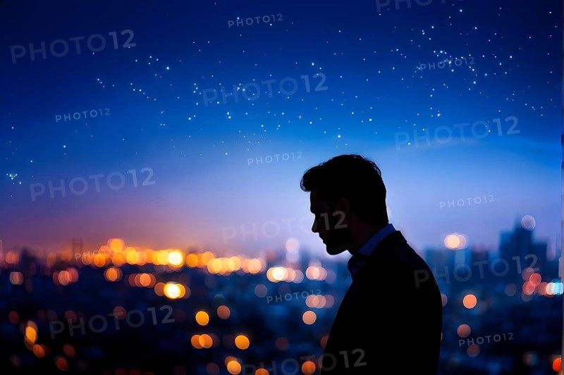 AI generated profile of a businessman with a double exposure of city lights, representing business success against an evening sky