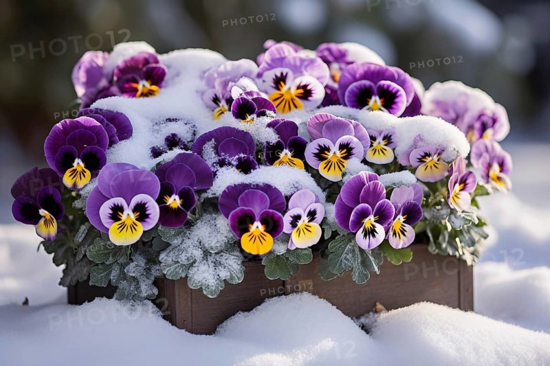Pansies flowers in flower box covered in snow in spring. KI generiert, generiert AI generated