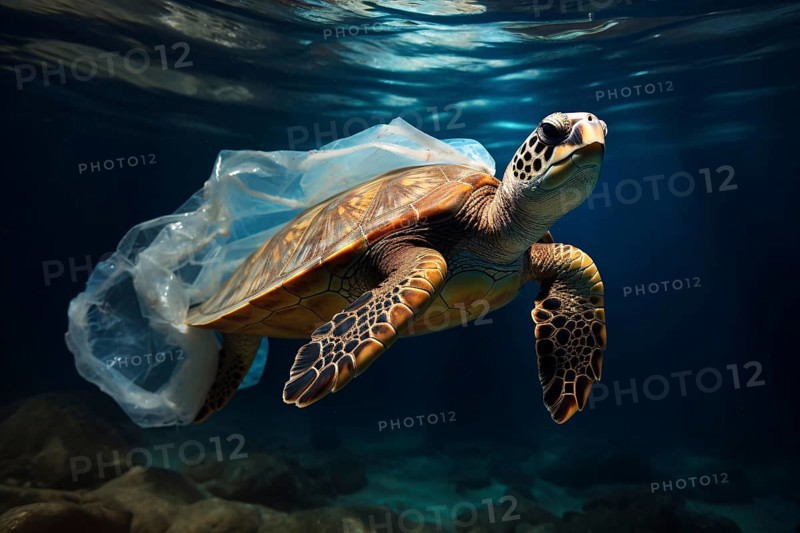 Turtle caught in plastic bag in ocean. KI generiert, generiert AI generated