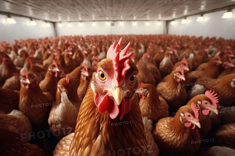 Many brown chickens in stable without space. Concpet for intensive animal farming. KI generiert, generiert AI generated