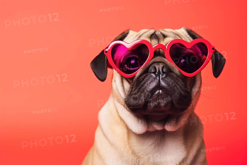 Funny pug dog with heart shaped sunglasses on red background. KI generiert, generiert AI generated