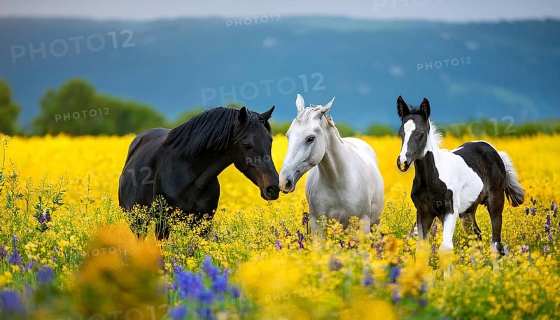 Horse family, stallion, mare and two foals, studio, AI generated