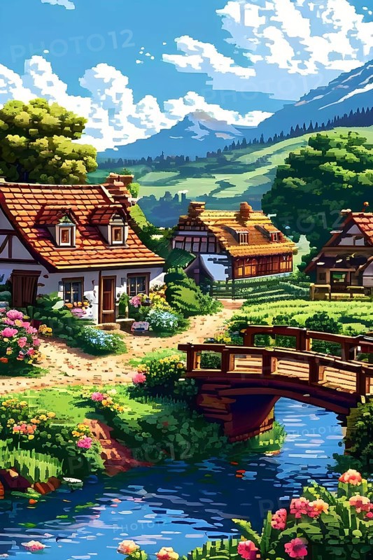 Pixel art illustration of a cozy village in summer with vibrant green roofs and blooming flowers, AI generated