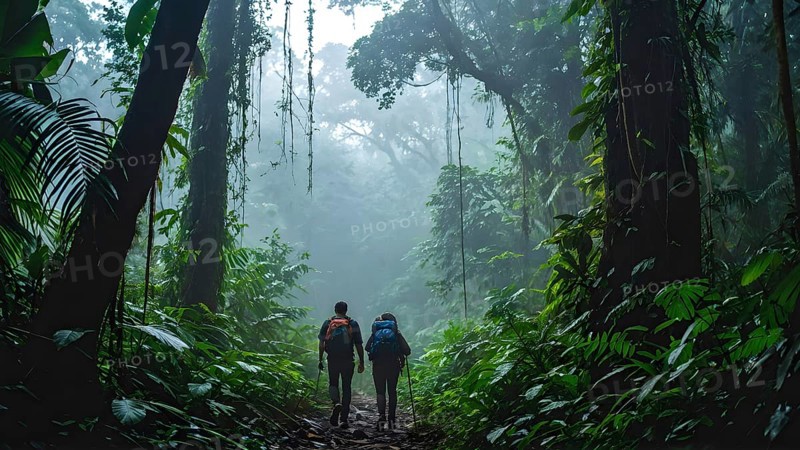 Adventurous couple hiking through dense amazon rainforest, AI generated