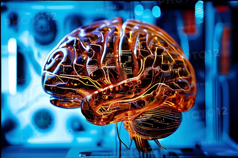 Human brain intricately interlinked with the circuits of a computer board symbolizing artificial intelligence, AI generated
