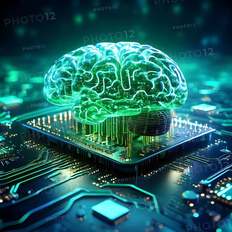 Human brain intricately interlinked with the circuits of a computer board symbolizing artificial intelligence, AI generated