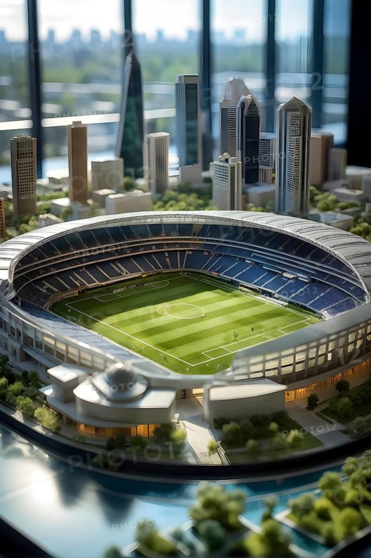 Scale model of soccer stadium on a polished conference table, AI generated