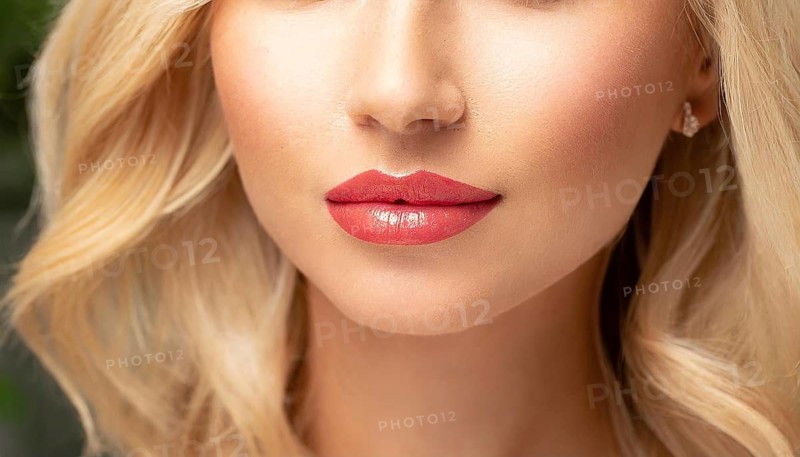 Close-up of lips with pink lipstick and blonde hair of a woman, AI generated, AI generated
