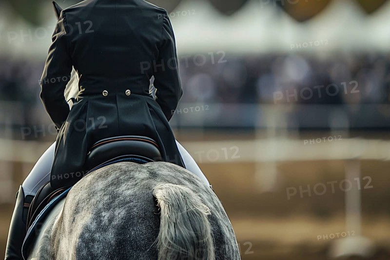Person riding horse in dressage sports competition. Generative AI, AI generated
