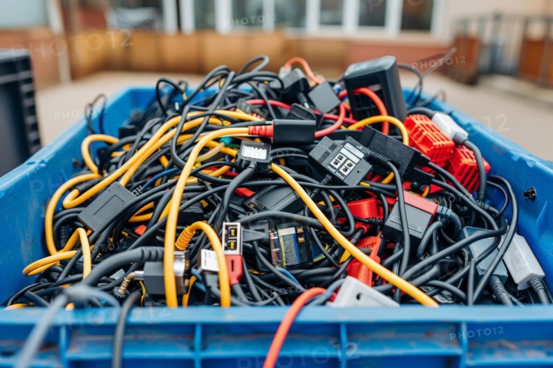 A container filled with electronic waste and cables, data cables, power cables, symbolic image for cable recycling and material cycle, AI generated, AI generated, AI generated