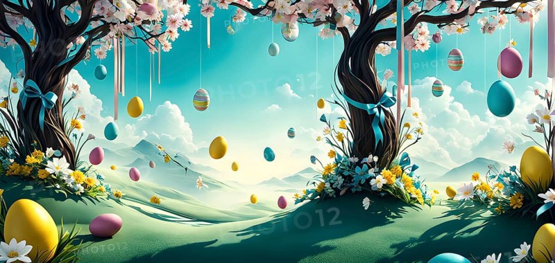 Surreal Easter scene with floating eggs, ribbons, and flowers in a dreamlike, whimsical composition of light and shadow, AI generated