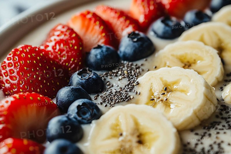 Close up of healthy breakfast bowl with yoghurt, chia seeds and fresh strawberry, blackberry and banana fruits. Generative Ai, AI generated