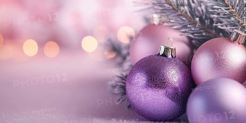 Christmas banner with pink and purple bauble ornaments on pink background with copy space. Generative AI, AI generated