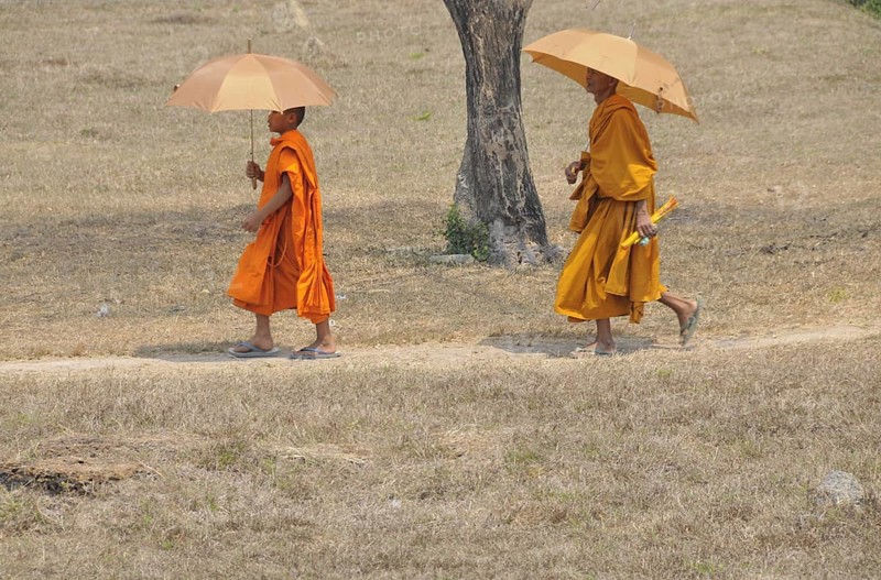Novice and monk with parasol, Cambodia, Asia