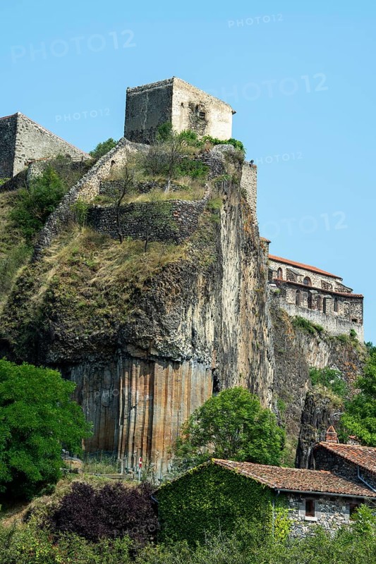 Stunning basalt organs rise above the village of Chilhac in Haute-Loire, Auvergne-Rhône-Alpes, France, Europe