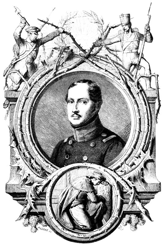 Portrait of Frederick William III, Hohenzollern, King of Prussia and Elector of Brandenburg, uniform, soldiers, foliage, rising sun in a laurel wreath, thorns, frame, mourning at the gravestone, Prussia, historical illustration 1882