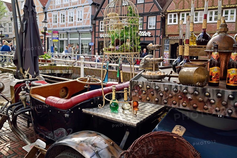 Europe, Germany, Lower Saxony, Hamburg Metropolitan Region, Hanseatic City of Buxtehude, Steampunk Festival, elements of steampunk are steam- and cogwheel-driven mechanics, Victorian style of dress, replica Ford convertible automobile with beverage trailer, Hamburg, Hamburg, Federal Republic of Germany, Europe