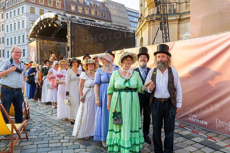 Dresden celebrated the 250th birthday of Caspar David Friedrich with a birthday party and a big city bet between Greifswald and Dresden, The Romantic's Duell. In Dresden 2033 people appeared in disguise and in Greifswald 2241, so Greifswald won the bet, city bet on the Neumarkt, Düll der Romantiker, Dresden, Saxony, Germany, Europe