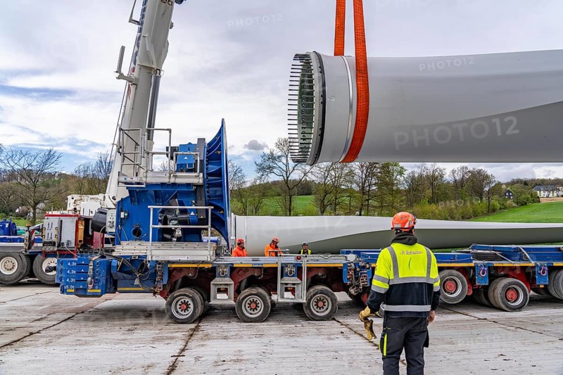 Preparation for the transport of a 68 metre long blade, a wind turbine, with a self-propelled Blade-Lifter vehicle, over a 40 km long route in the Bergisches Land, through towns, villages, over country roads, narrow through roads, to the construction site of the wind turbine near Hagen, North Rhine-Westphalia, Germany, Europe
