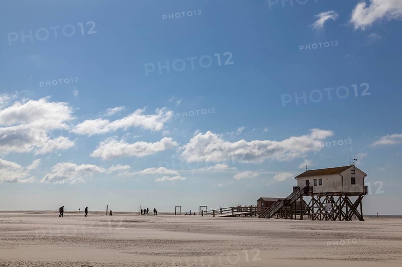 Pile dwelling on the beach, Sankt Peter-Ording, Eiderstedt, North Frisia, Schleswig-Holstein, Northern Germany, Germany, Europe
