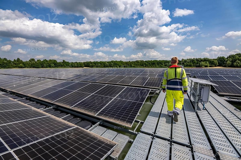 Germany's largest floating solar power plant on the Silbersee III, a quarry pond no longer used for sand mining, near Haltern am See, operated by Quarzwerke GmbH, around 5800 solar modules, on an area of a good 2 football pitches, generate 3.1 megawatts of power, the company uses the electricity itself on weekdays, at weekends it flows into the public grid, North Rhine-Westphalia, Germany, Europe
