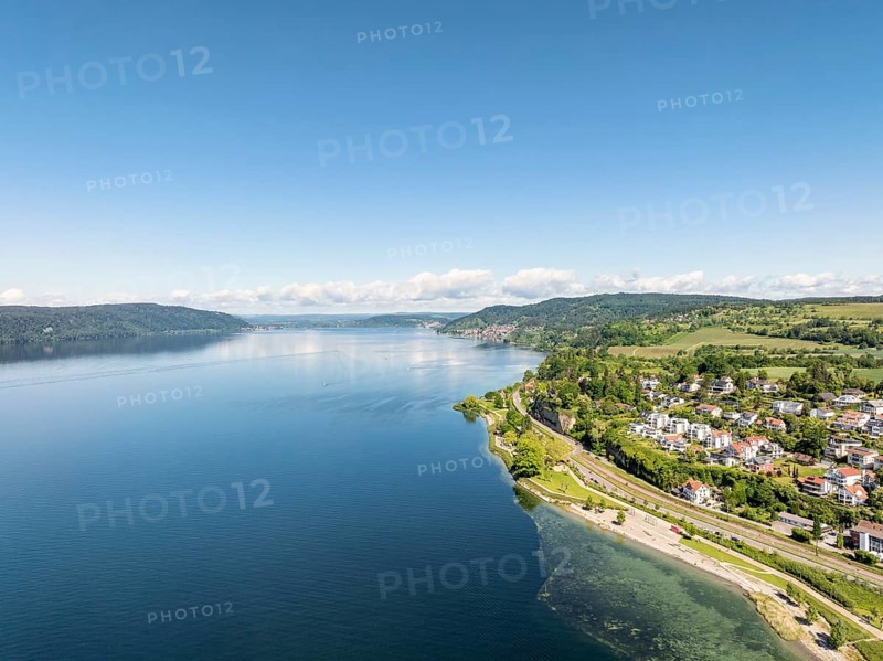 Aerial view of Lake Constance with the Landesgartenschaugelände and Uferpark, Goldbach, Überlingen, Bodenseekreis, Baden-Württemberg, Germany, Europe