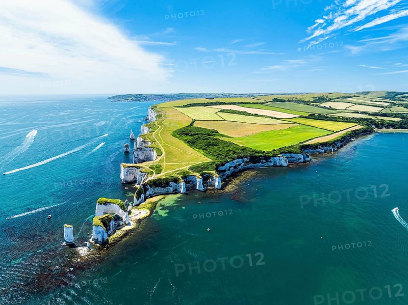 White Cliffs of Old Harry Rocks Jurassic Coast from a drone, Dorset Coast, Poole, England, United Kingdom, Europe