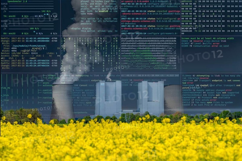 Symbolic image Critical infrastructure, blackout risk, cyberterrorism, hacker attack, Neurath lignite-fired power plant, near Grevenbroich, RWE Power AG, storm clouds over the Rhenish lignite mining area, rape field, North Rhine-Westphalia, Germany, Europe