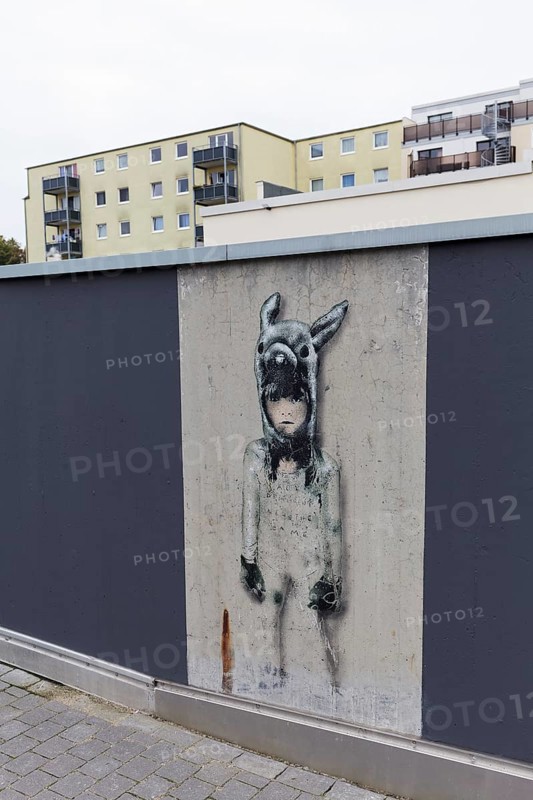 Little girl with animal cap, only surviving mural on a freshly painted wall, by street artist L.E.T, Düsseldorf, North Rhine-Westphalia, Germany, Europe