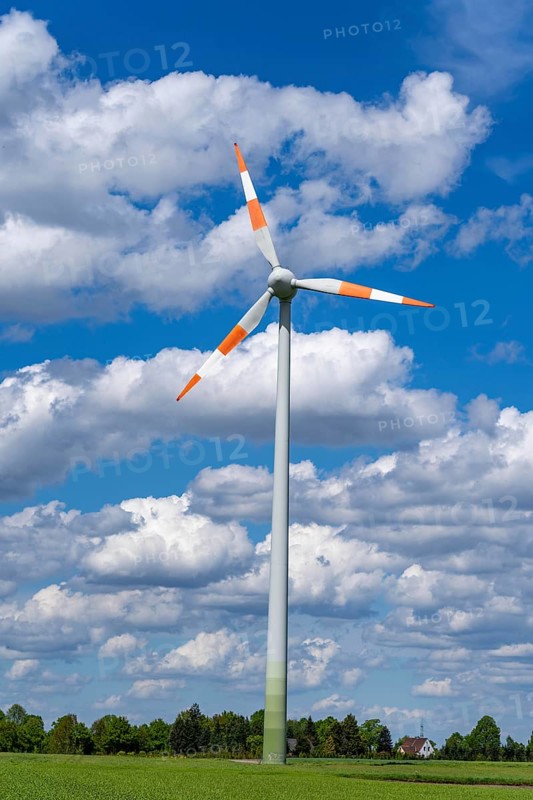 Wind turbine, wind energy plant from the manufacturer Enercon, blue sky with many white clouds, near Schermbeck, North Rhine-Westphalia, Germany, Europe