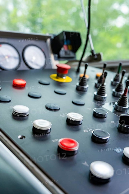 Close-up of an industrial control panel with various buttons, Hermann Hesse railway track construction, Calw district, Black Forest, Germany, Europe